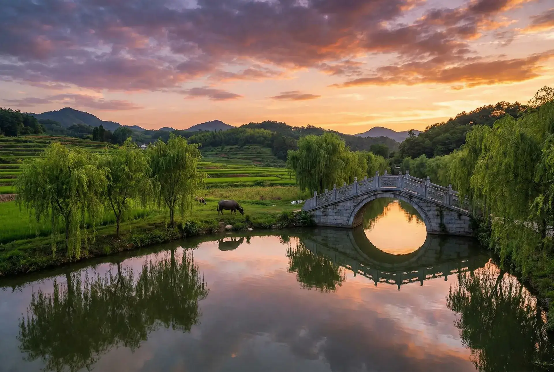 夕阳下的石拱桥与垂柳，水牛在河边吃草 - 午夜影院老线观 乡村美景